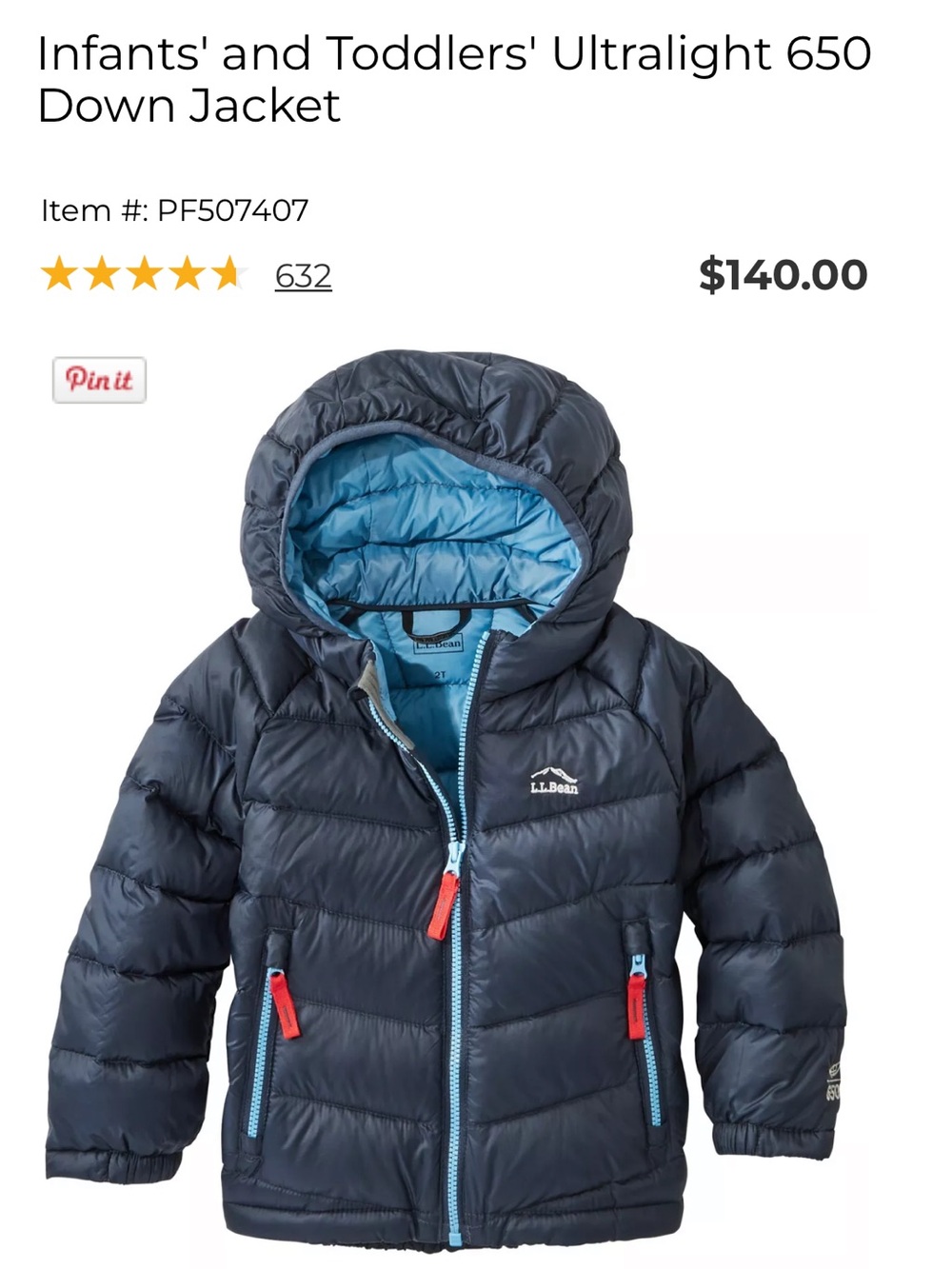 L.L.Bean Infants’ Ultralight 650 Down Jacket | 6–12 Months | Carbon Navy